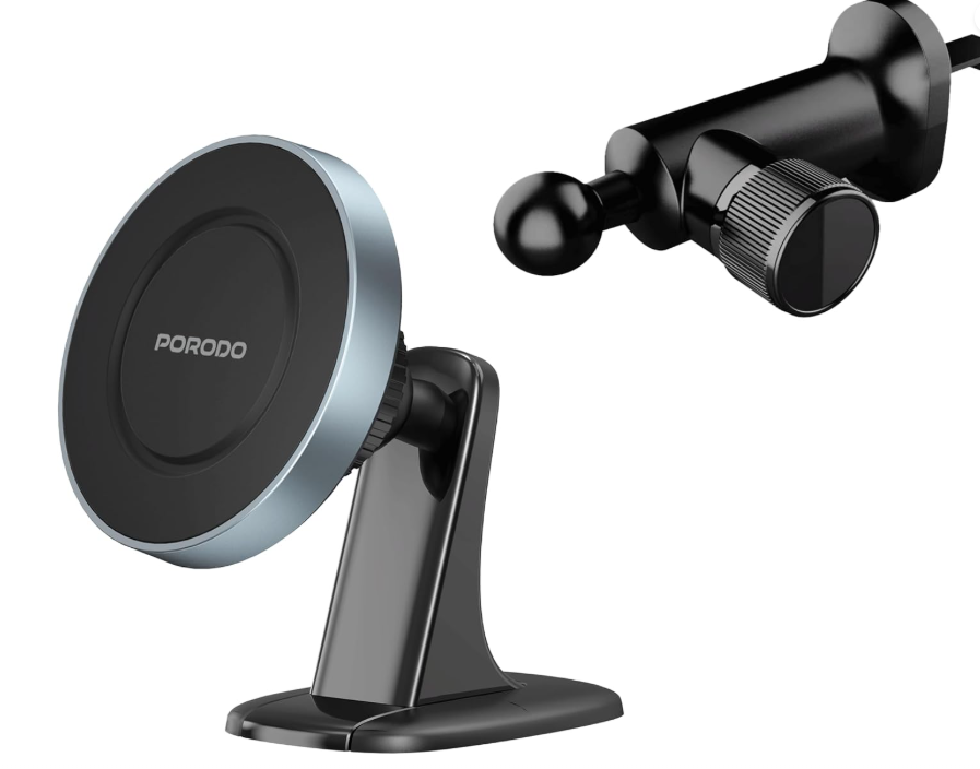 Porodo Dual Mount Magnetic Phone Holder for Dash & Air Vent, Compatible with MagSafe, Strong Magnetic Hold, Adjustable Viewing Angle Compatible with iPhone 16/15/14/13/12