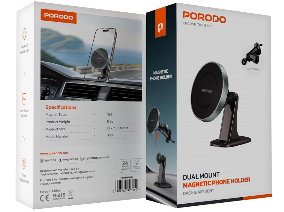 Porodo Dual Mount Magnetic Phone Holder for Dash & Air Vent, Compatible with MagSafe, Strong Magnetic Hold, Adjustable Viewing Angle Compatible with iPhone 16/15/14/13/12