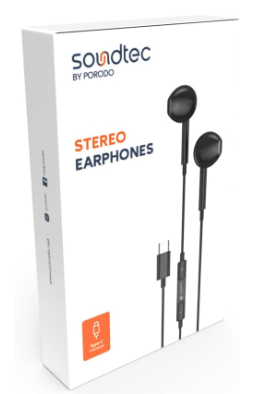 Porodo Soundtec Stereo Earphones Type-C with High-Clarify Mic, 3Buttons Control, 1.2m Cable Length, Compatible with iPad, Smartphones, Headphones, Tablets, Speakers - Black