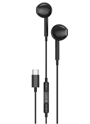 Porodo Soundtec Stereo Earphones Type-C with High-Clarify Mic, 3Buttons Control, 1.2m Cable Length, Compatible with iPad, Smartphones, Headphones, Tablets, Speakers - Black