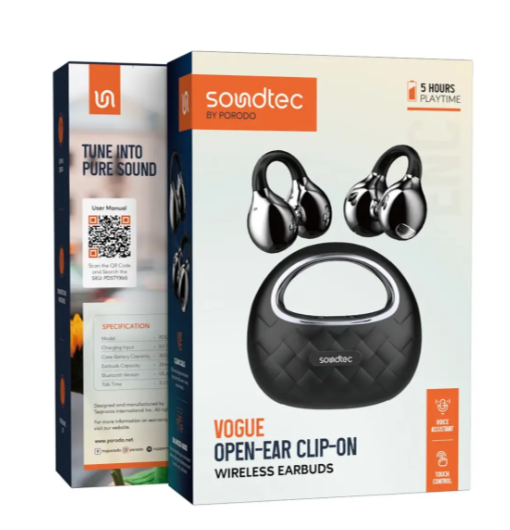 Porodo Soundtec Vogue Open-Ear Clip-on Wireless Earbuds- BLACK
