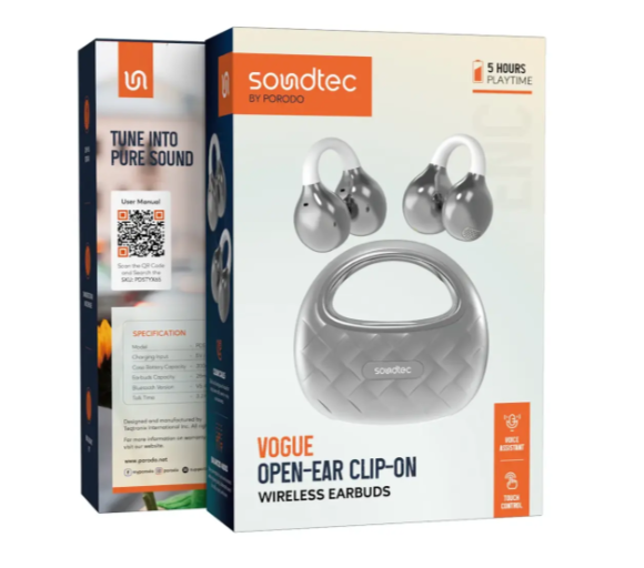 Porodo Soundtec Vogue Open-Ear Clip-on Wireless Earbuds- SILVER