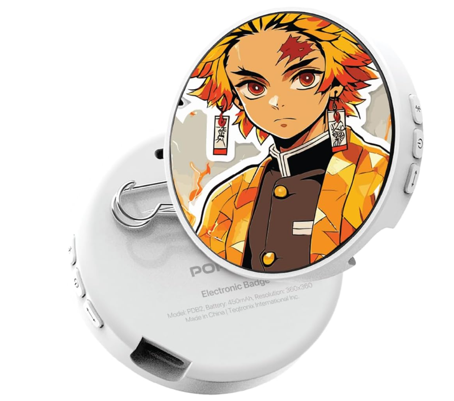 Porodo Robo Tag Electronic Badge Magic Pro, 1.85" HD Round IPS Screen, Custom GIF Animation & 3-Second Video, Bluetooth 5.4, 450mAh 12-18H Battery, 7 Multi-Color Light Modes, Smart Wearable Pin