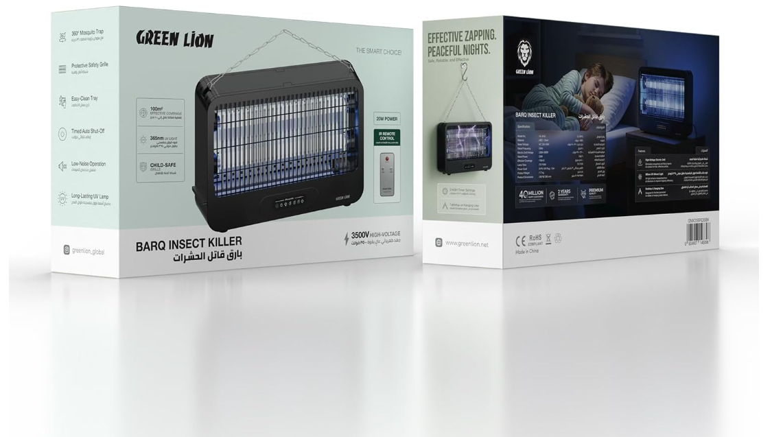 Green Lion Barq Insect Killer, 20W 360° Mosquito Trap, 3500V High Voltage Bug Zapper, 100m2 Coverage Flying Insect Catcher, 365nm UV Light Lamp, Indoor Desktop Hanging Fly Killer, Remote Control