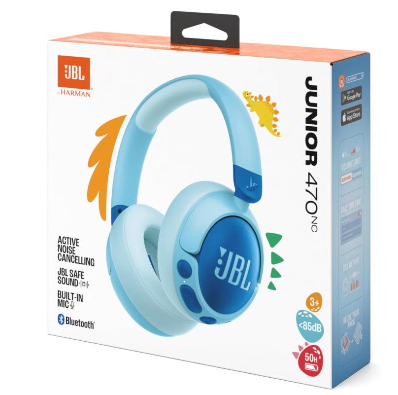 JBL Junior 470 NC Wireless Over-Ear Bluetooth Headphones with Active Noise Cancelling for Children, Microphone, 50 Hours Playback, Safe Sound, Low Volume, Simple Operation and Stickers, Blue