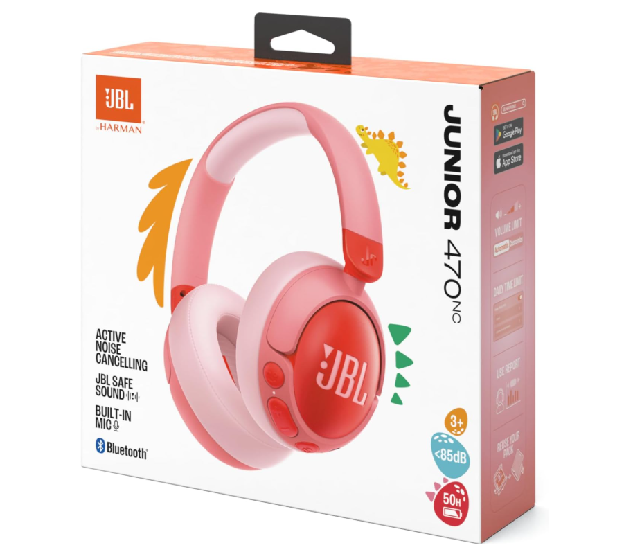 JBL Junior 470 NC Wireless Over-Ear Bluetooth Headphones with Active Noise Cancelling for Kids, Microphone, 50h Playback, JBL Safe Sound, Low Volume, Easy Operation and Stickers, Pink