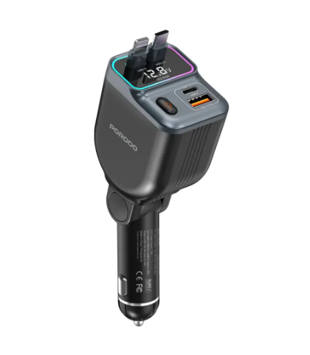 Porodo 65W Car Charger Dual Retractable Cable - Black
