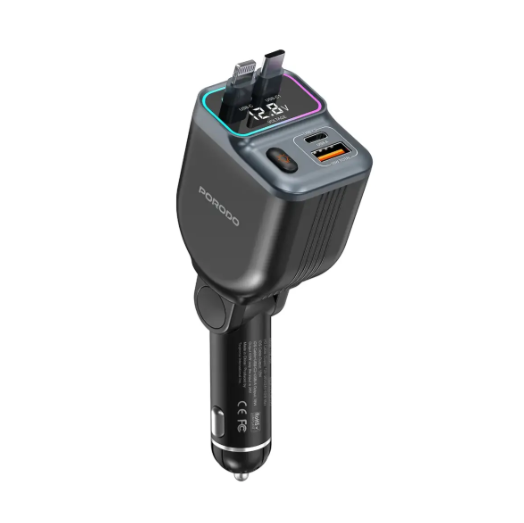 Porodo 65W Car Charger Dual Retractable Cable - Black