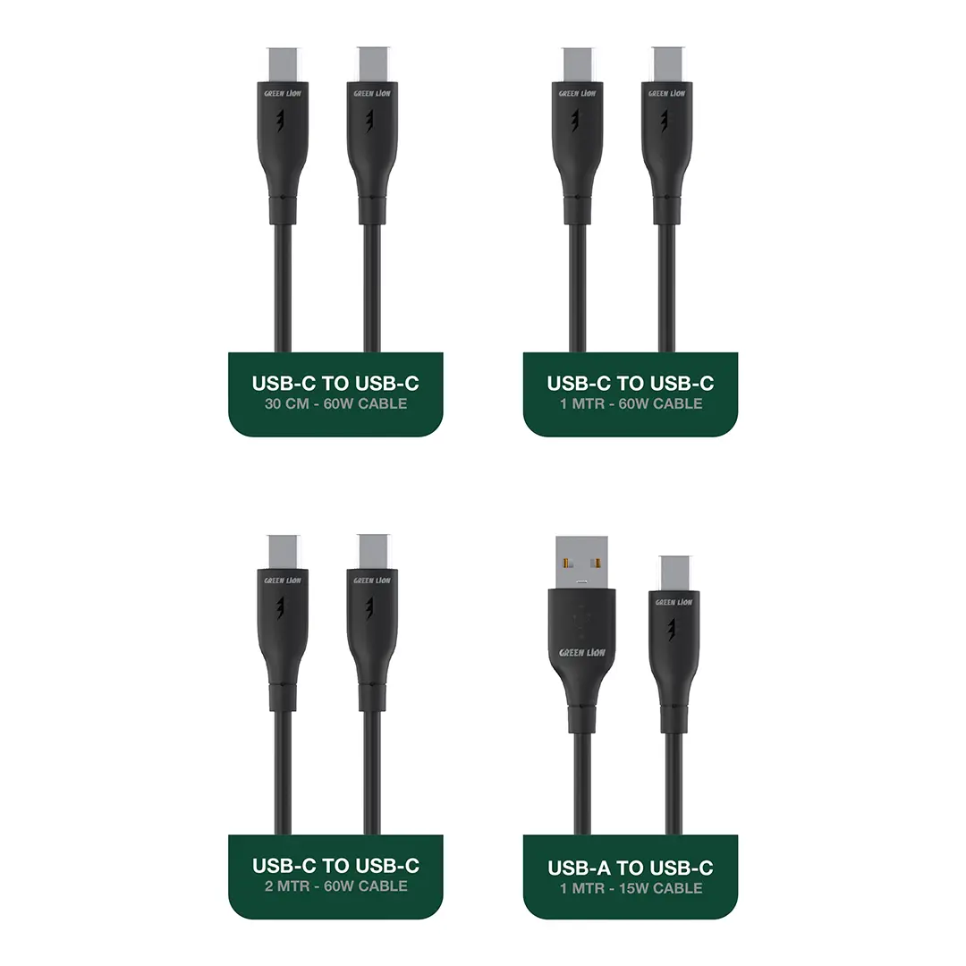 Green Lion 4-in-1 Cable Combo All-In-One Kit – 60W USB-C & USB-A Cables (30cm, 1m, 2m) for Fast Charging & Sync (Black)