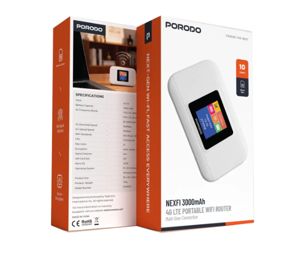 Porodo Nexfi 3000mAh 4g LTE Portable WiFi Router Multi-User Connection - White