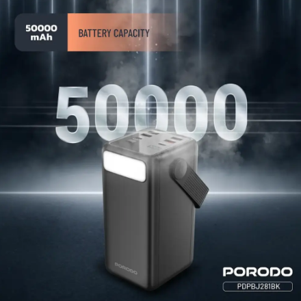 Porodo Lara 50000mAh Power Bank with Integrated Cables & Flashlight - Black