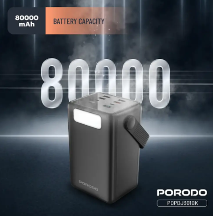 Porodo Lara 80000mAh Power Bank with Integrated Cables & Flashlight - Black