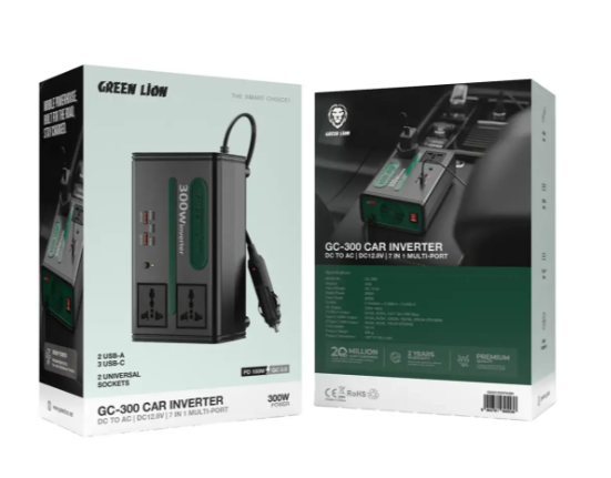 Green Lion GC-300 Car Inverter 7-In-1 Multi-Port with DC to AC & DC 12.8V - Black