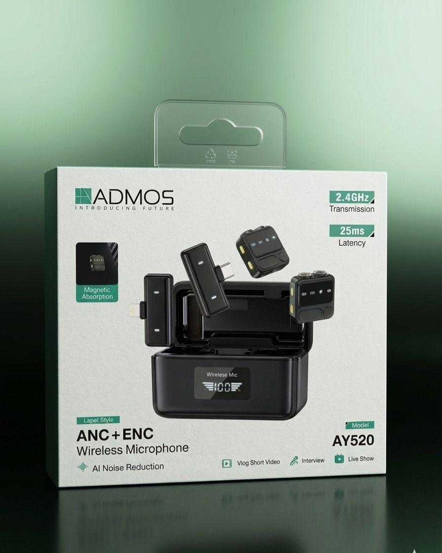 Admos AY520 Wireless Microphone System – Dual Lavalier Mics with Charging Case & Digital Display for Phones & Cameras