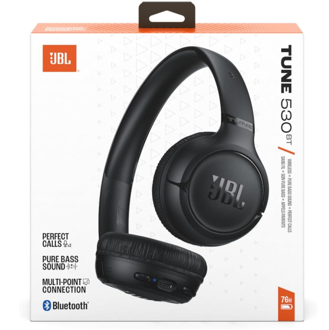 JBL Tune 530BT Wireless On-Ear Bluetooth Headphones with Pure Bass Sound, 76H Battery Life, Dual Beamforming Mics, Multi-Point Bluetooth 6.0, Foldable & Lightweight – Black (JBLT530BTBLKEU)