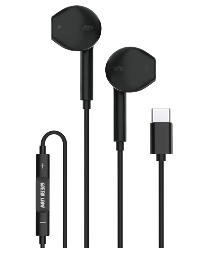 Green Lion Wired Stereo Earphones With Type-C Connector, Stereo Surround, Seamless Sound, Endless Connection, Durable TPE + Copper Wire, 1.2M Cable Length, Clear Sound - Black