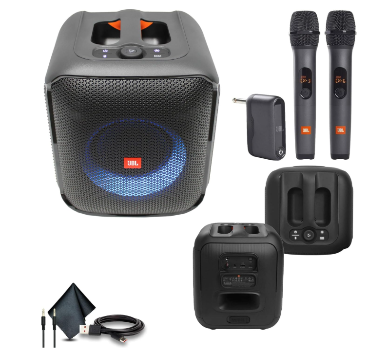 JBL Partybox Encore Essential, 100W Sound, Built-in Dynamic Light Show and Splashproof Design (JBLPBENCOREESSAM) + Wireless Two-Microphone System with Receiver +
