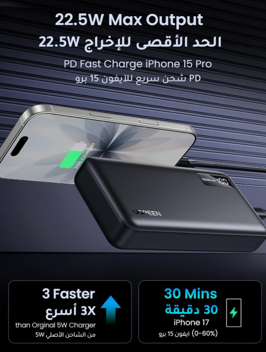 UGREEN Power Bank 20000mAh, 22.5W Portable Charger Fast Charging PD 3.0 USB C Input&Output Battery Pack with Digital Display Include Cable for iPhone 17/16/15, Galaxy S25U/S24, iPad, AirPods, etc