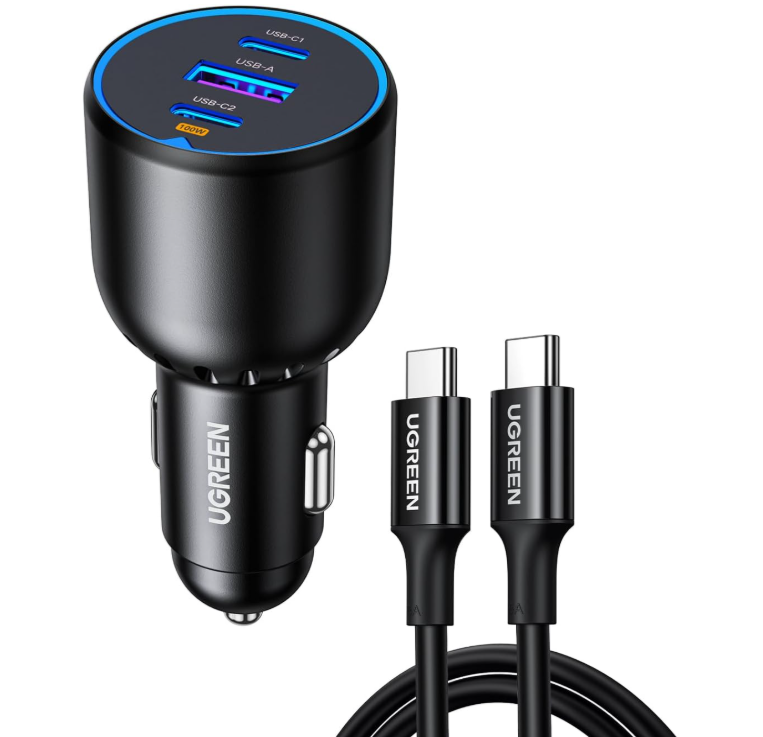 UGREEN 130W Type C Car Fast Charger for iPhone 17, 3-Port Macbook USB Car Power Adapter With 100W USB C Cable, Automobile Charger for Samsung S25 Series, iPhone, Steam Deck, Macbook, Laptops, Tablets