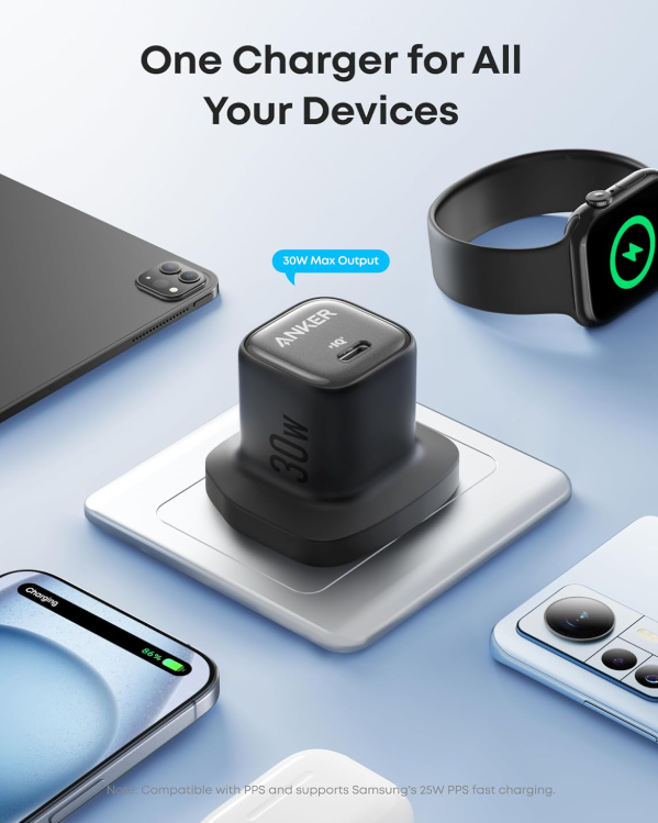 Anker Zolo Compact GaN USB C Charger, 30W USB C Plug,  Enhanced Temperature Control, Compact Design and 3X Faster Charging, Compatible with iPhone, iPad, Samsung, Pixel, and More (Black)
