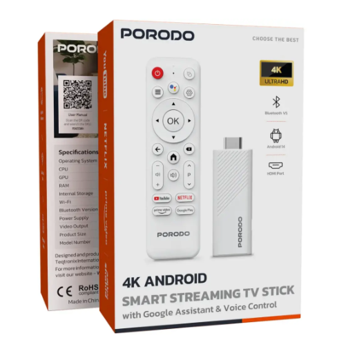 Borodio 4K Smart TV Stick for Android with Google Assistant and Voice Control – White