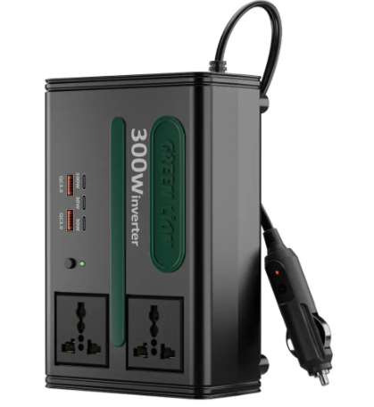 Green Lion GC-300 7-in-1 Multi-Port Car Adapter with DC to AC & DC 12.8V Conversion - Black