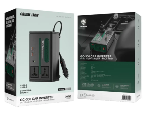 Green Lion GC-300 7-in-1 Multi-Port Car Adapter with DC to AC & DC 12.8V Conversion - Black