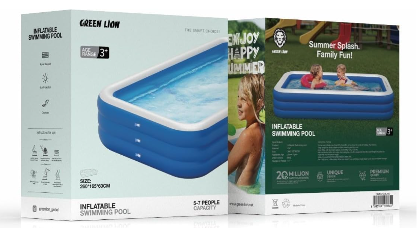 Green Lion Inflatable Swimming Pool for Kids and Adults, 5-7 People, 880L Water Capacity, Outdoor Backyard Garden Swimming Pool, 260x165x60cm, Sun Protection, for Backyard Summer Water Party