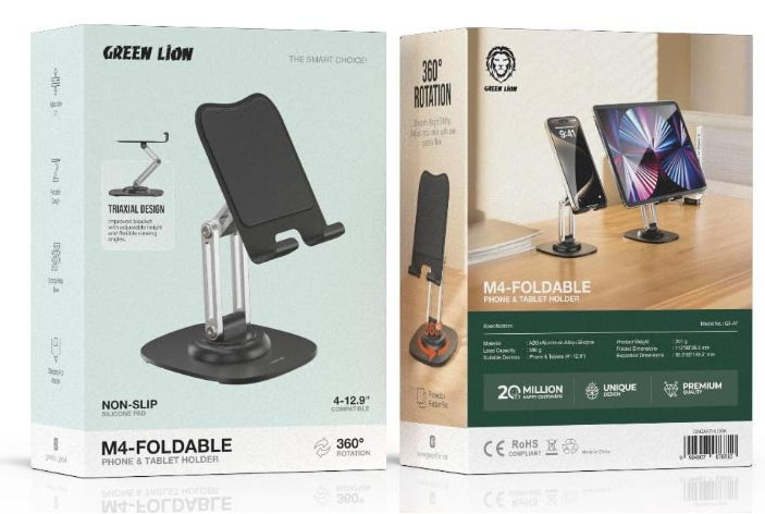 Green Lion M4 Foldable Phone & Tablet Holder, 360° Rotation, 3-Axis Adjustment, Charging Port Access, Strong Metal Base, Non-Slip Silicone Pad, Ideal Triaxial Stand for 4”-12.9” Inch Devices - Black