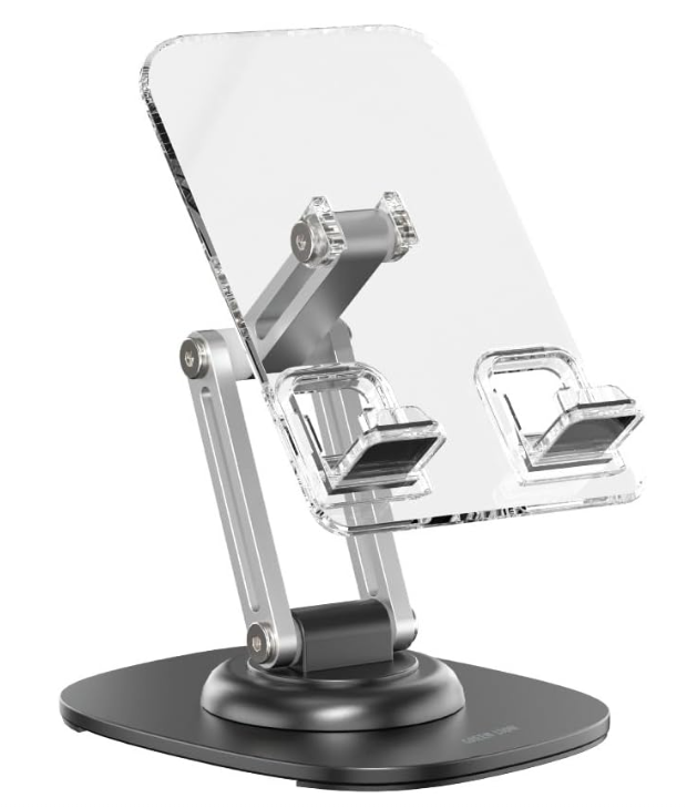 Green Lion M3 Foldable Phone & Tablet Holder, 360° Rotation, 3-Axis Adjustment, Charging Port Access, Non-Slip Silicone Pad, Ideal Triaxial Stand for 4”-12.9” Inch Devices - Transparent