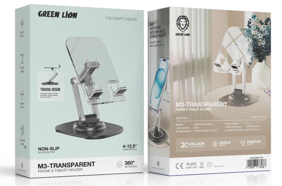 Green Lion M3 Foldable Phone & Tablet Holder, 360° Rotation, 3-Axis Adjustment, Charging Port Access, Non-Slip Silicone Pad, Ideal Triaxial Stand for 4”-12.9” Inch Devices - Transparent