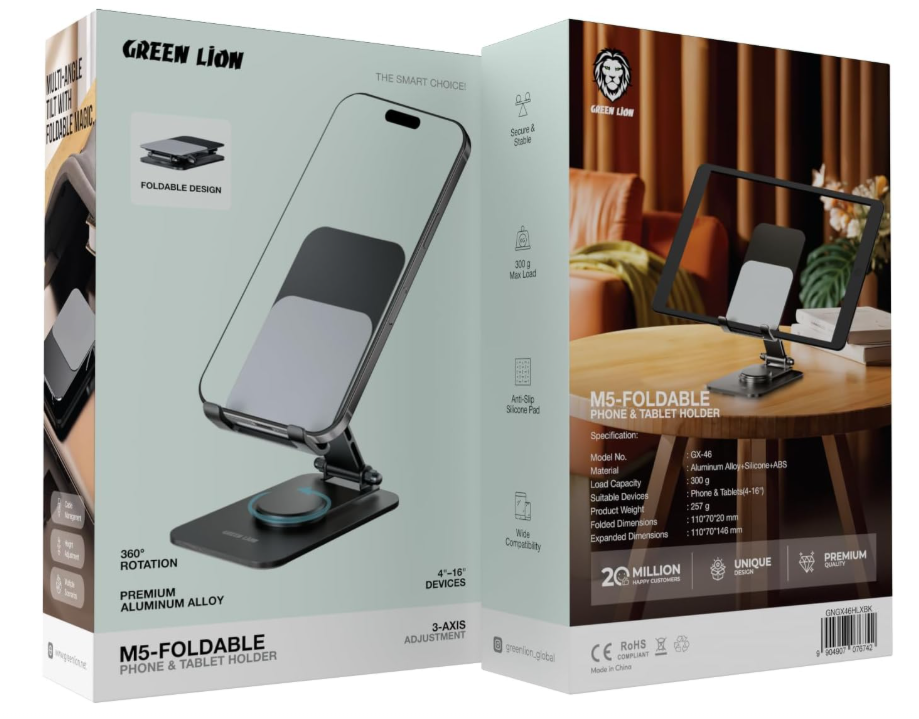 Green Lion M5-Foldable Phone & Tablet Holder [4”-16” Devices], with 360° Rotation, 3-Axis Adjustment, Cable Management, Foldable Design, Aluminum Alloy Material & Anti-Slip Silicone Pad - Black