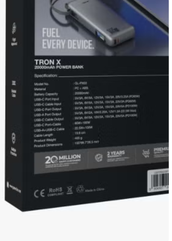 Tron X Power Bank 20000mAh PD 165W whit Braided Cable / Multiple Protection / USB-A+USB-C Cable 22.5W+100W / Cable Length 19.6 cm / Powerbank Flight Approved - Grey