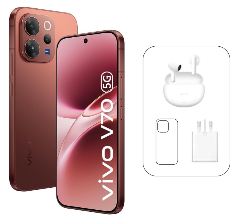 Vivo V70 5G - Brown 12 + 512GB | 50MP ZEISS Camera | 1.5K 120Hz AMOLED Display | 6500mAh | IP69, 4Y Battery
