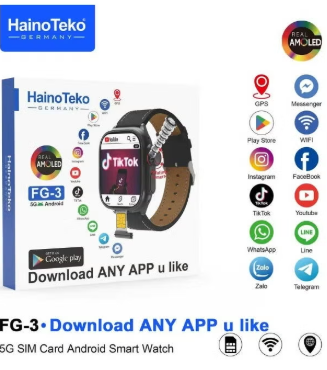 HainoTeko FG-3 5G Android Smart Watch with Real AMOLED Display SIM Card Support and Social Media Integration Designed for Gents Black