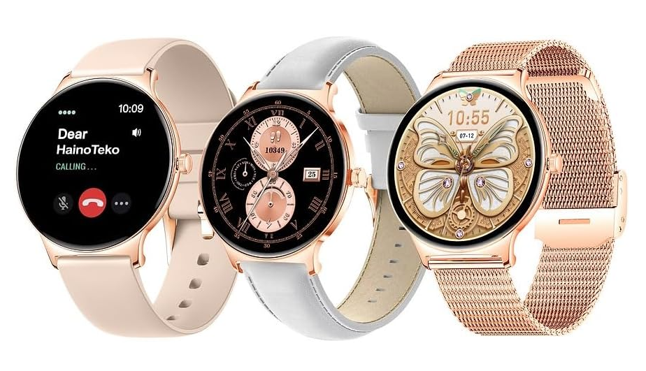 HainoTekoGermany HainoTeko-5 Super Slim Smart Watch Round Shape AMOLED Display With Waterproof AI Voice Assistance and 3 Pair Straps For Ladies (Gold)
