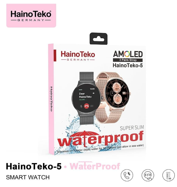 HainoTekoGermany HainoTeko-5 Super Slim Smart Watch Round Shape AMOLED Display With Waterproof AI Voice Assistance and 3 Pair Straps For Ladies (Gold)