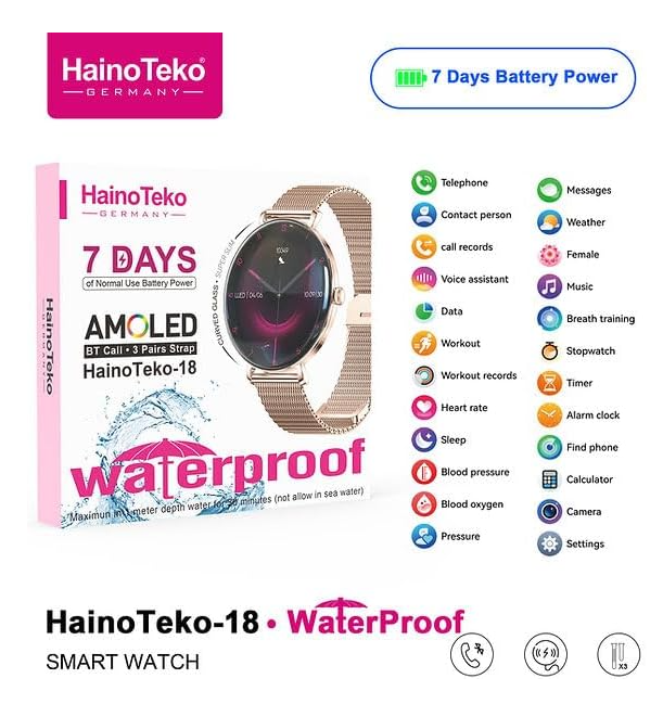 HainoTeko HainoTeko-18 Waterproof Smart Watch With Round Shape AMOLED Display BT Calling Support 3 Pair Straps and Charging Cable Designed for Ladies (Black)