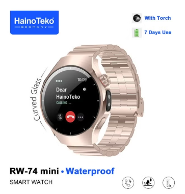 HainoTeko RW-74 Mini Waterproof Design Smart Watch with Curved AMOLED Display Bluetooth Calling 3 Pair Straps and Charging Cable For Women Rose Gold