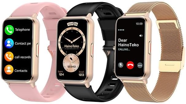 HainoTeko-28 Mini Waterproof Smart Watch with AMOLED Display, Bluetooth Calling, 7-Day Battery Life, 3 Pair Straps and Charging Cable, for Men and Women (Gold)