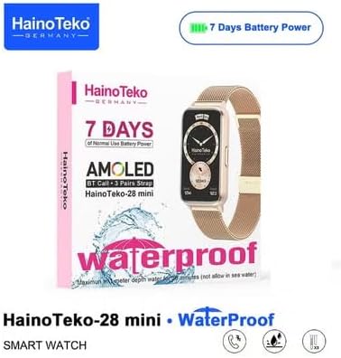 HainoTeko-28 Mini Waterproof Smart Watch with AMOLED Display, Bluetooth Calling, 7-Day Battery Life, 3 Pair Straps and Charging Cable, for Men and Women (Gold)