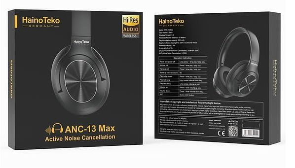 HainoTeko ANC 13 Max Bluetooth Wireless Headphones Active Noise Cancellation, Hi-Res Audio, 60H Playtime, Comfortable Ear Cups, Foldable Design, Travel-Friendly, Black