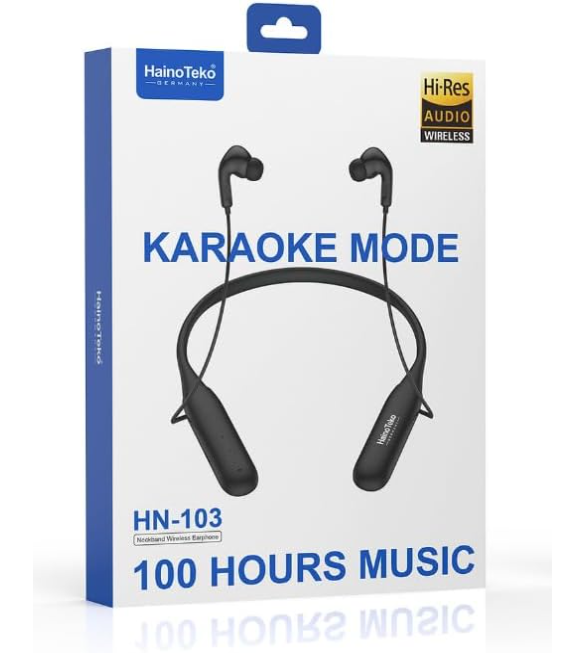 Haino Teko HN-103 Neckband Wireless Earphones with Karaoke Mode, Hi-Res Audio, Up to 100 Hours Music Playback, Microphone (Black)