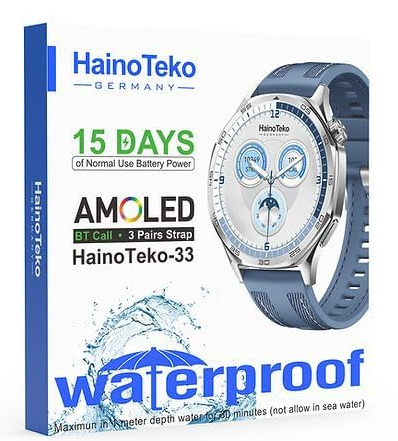 HainoTeko HainoTeko-33 Waterproof Smart Watch with AMOLED Display, Bluetooth Calling, 15 Days Battery Life, 3 Pair Straps, for Men (Blue)