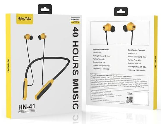 HainoTeko HN 41 Neckband Wireless Bluetooth Earphone with Super Clear Mic and 40 Hours Music Black and Yellow