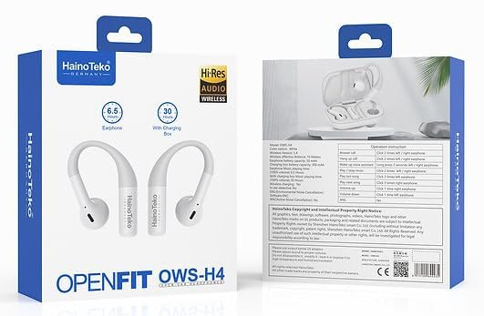 HainoTeko OWS-H4 OpenFit Bluetooth Earphone, White, 6.5 Hours Playtime, 30 Hours with Charging Box