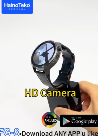 Haino Teko FG-8 Android Smart Watch with 5G SIM Support Real AMOLED Display Rotating Camera and 2 Pair Straps Designed for Men Black