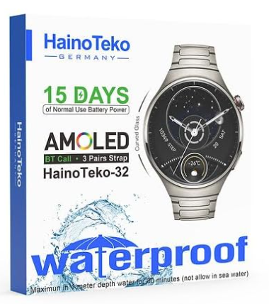 HainoTeko Haino Teko-32 Waterproof Smartwatch With Curved AMOLED Display Bluetooth Calling 3 Pair Straps and Charging Cable Designed for Men (Black)