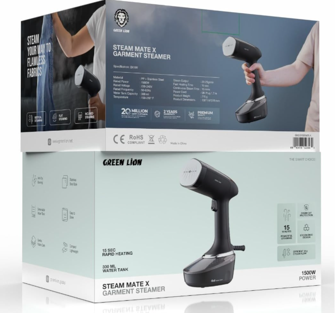 Green Lion Steam Mate X Garment Steamer 1500W Rated Power, 15-Second Fast Heating, 300ml Water Tank, Overheat Protection, 25g Steam Flow, Vertical & Horizontal Steaming - Black