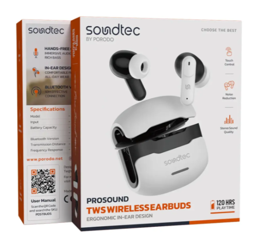 Porodo Soundtec Prosound TWS Wireless Earbuds- white